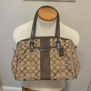 Coach - Signature Stripe Nancy Satchel Handbag 28505 - Khaki Brown Mahogany